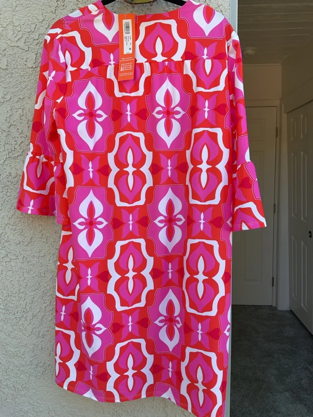 Jude Connally Red, Pink & White Butterfly tile 3/4 Sleeve Shift Dress - Picture 2 of 7